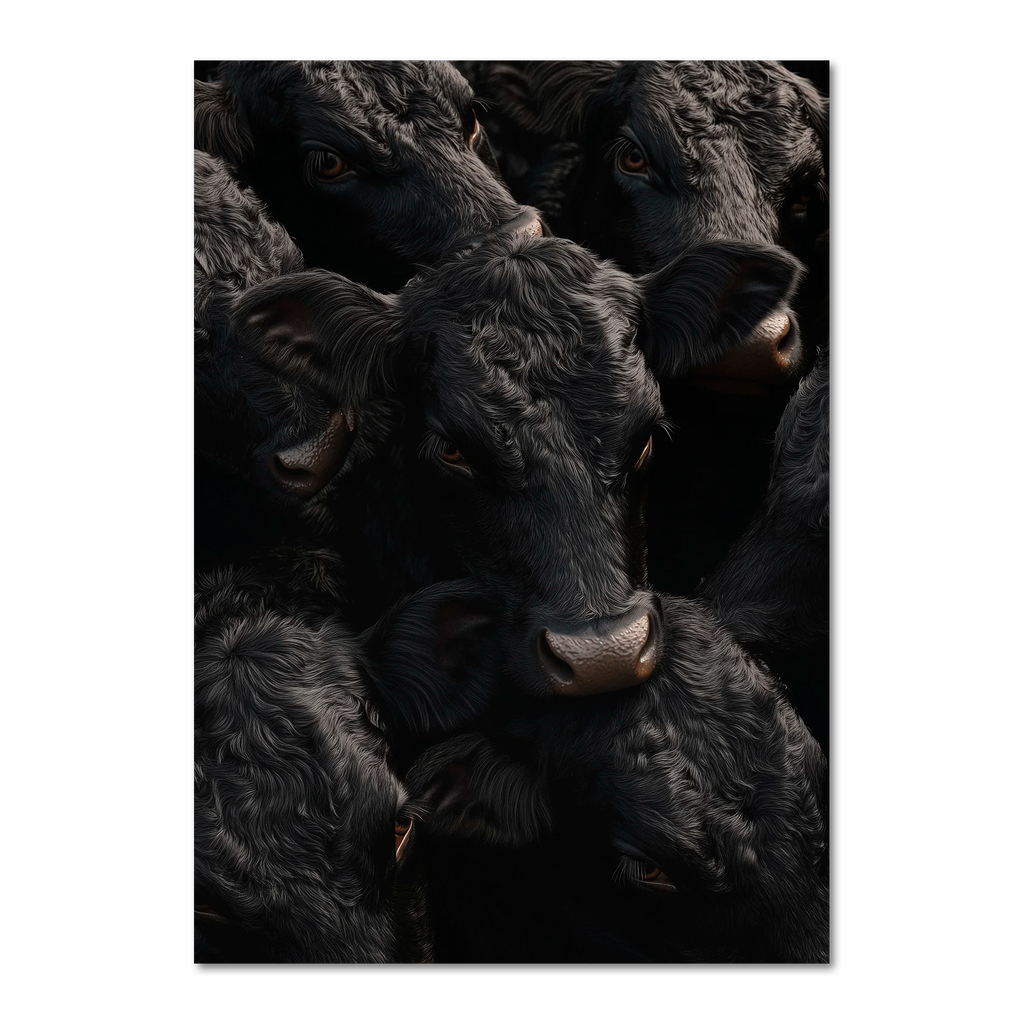 Wagyu Proximity - Poster featuring a close-up of black Wagyu cattle with glossy coats and expressive eyes.