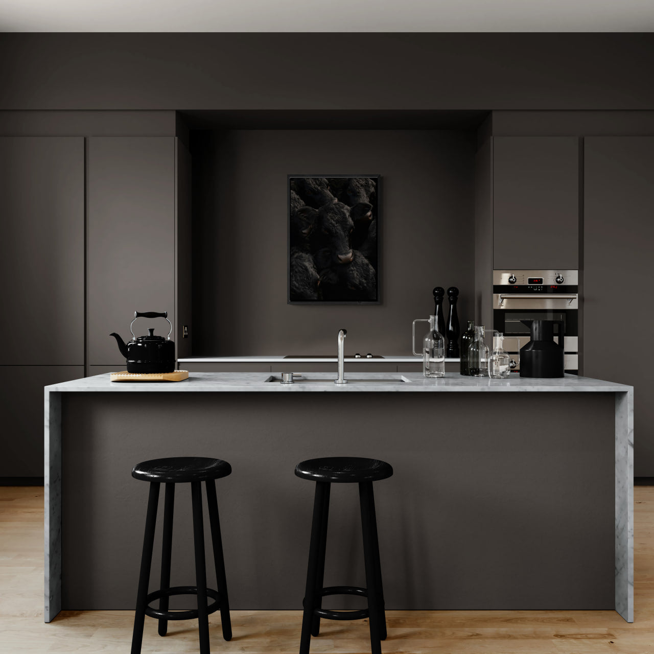Wagyu Proximity - Poster displayed in a modern kitchen featuring minimalist design and a marble island.
