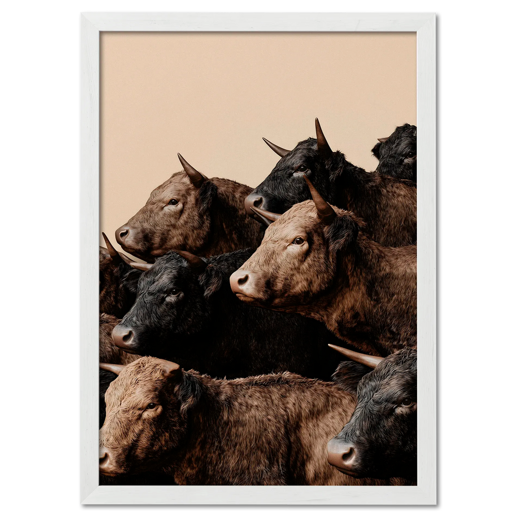 Wagyu Rhythm - Poster featuring a herd of horned Wagyu cattle standing against a beige backdrop.