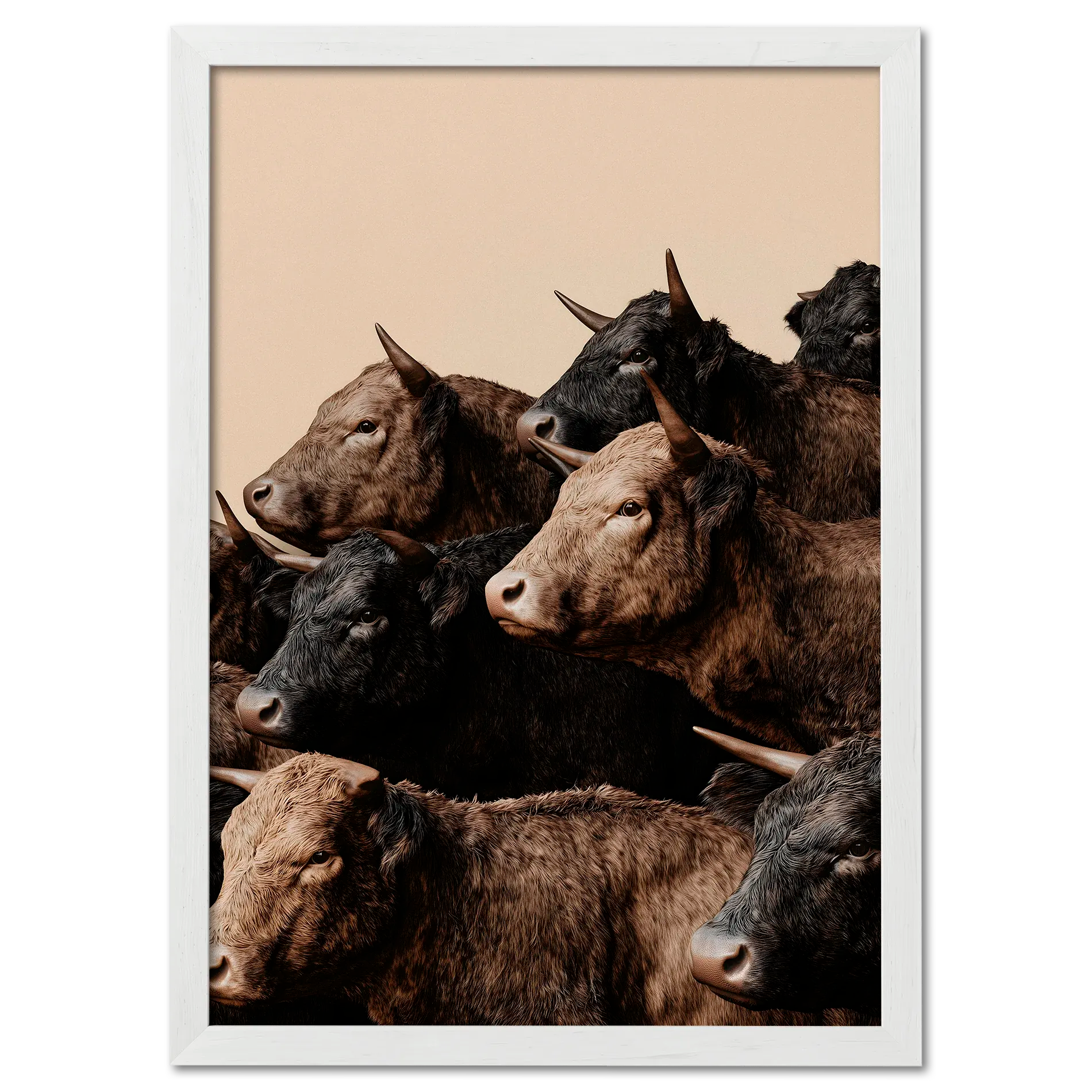 Wagyu Rhythm - Poster featuring a herd of horned Wagyu cattle standing against a beige backdrop.