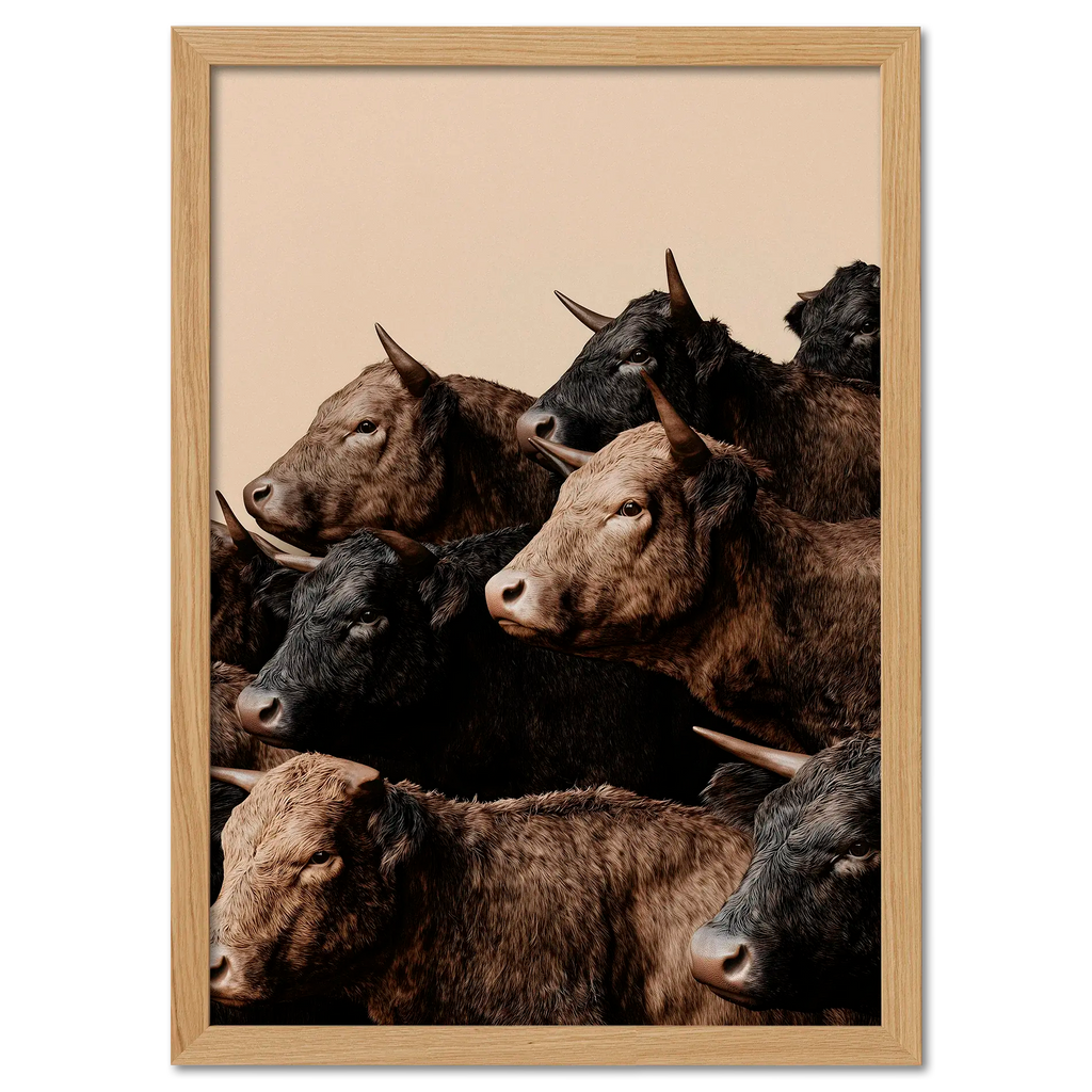 Wagyu Rhythm - Poster showcasing a herd of horned Wagyu cattle with earthy tones against a soft beige background.