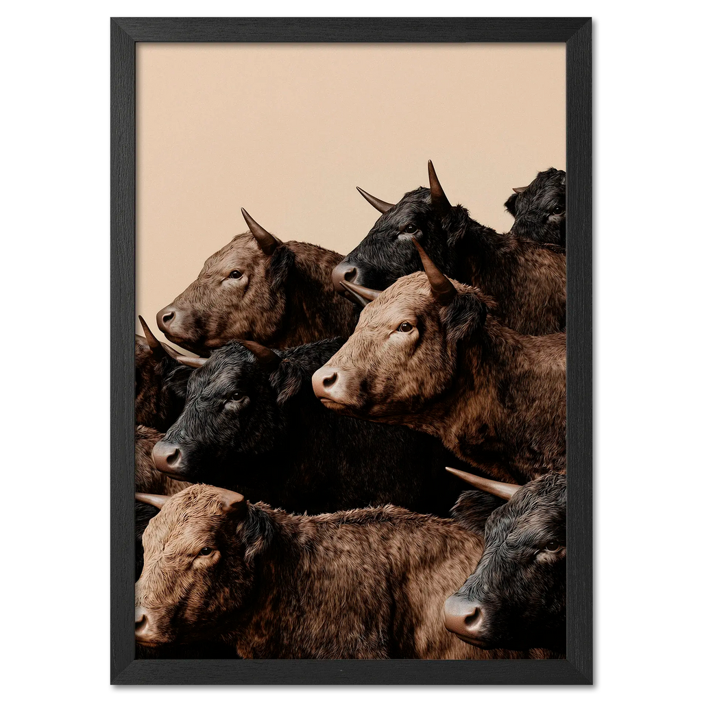 Wagyu Rhythm - Poster featuring a herd of horned Wagyu cattle against a soft beige backdrop.