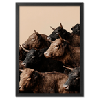 Wagyu Rhythm - Poster featuring a herd of horned Wagyu cattle against a soft beige backdrop.