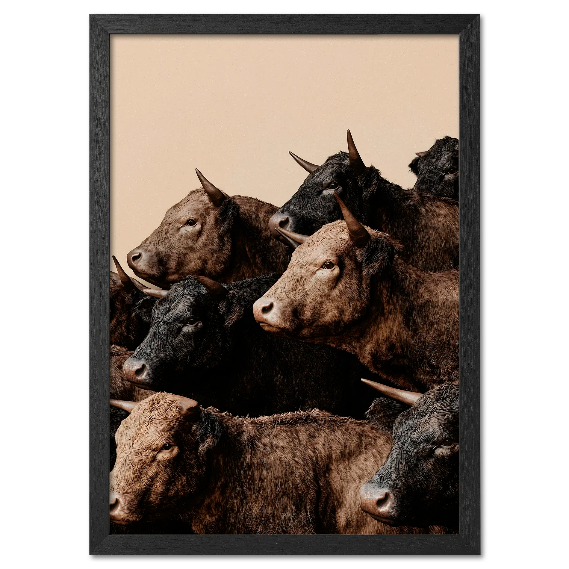 Wagyu Rhythm - Poster featuring a herd of horned Wagyu cattle against a soft beige backdrop.