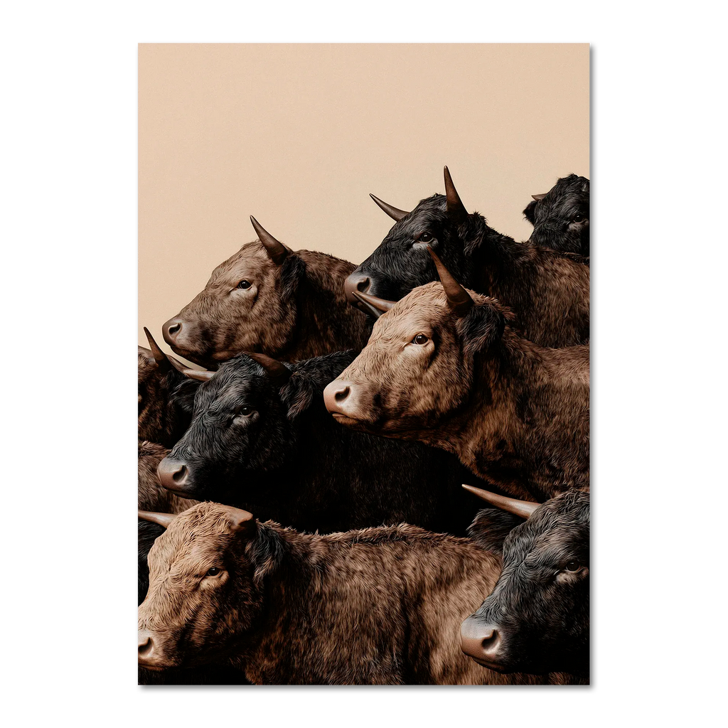 Wagyu Rhythm - Poster featuring a herd of horned Wagyu cattle against a soft beige backdrop.