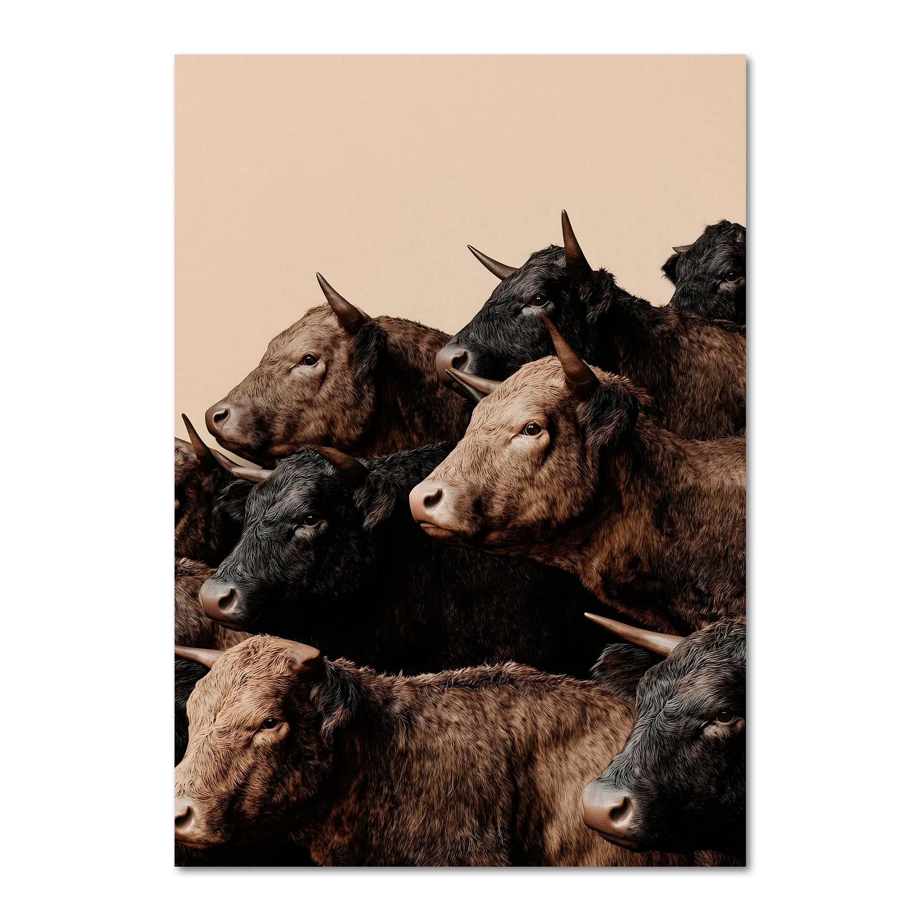 Wagyu Rhythm - Poster featuring a herd of horned Wagyu cattle against a soft beige backdrop.