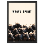 Wagyu Spirit - Poster featuring a group of black Wagyu cattle under a minimal beige background.