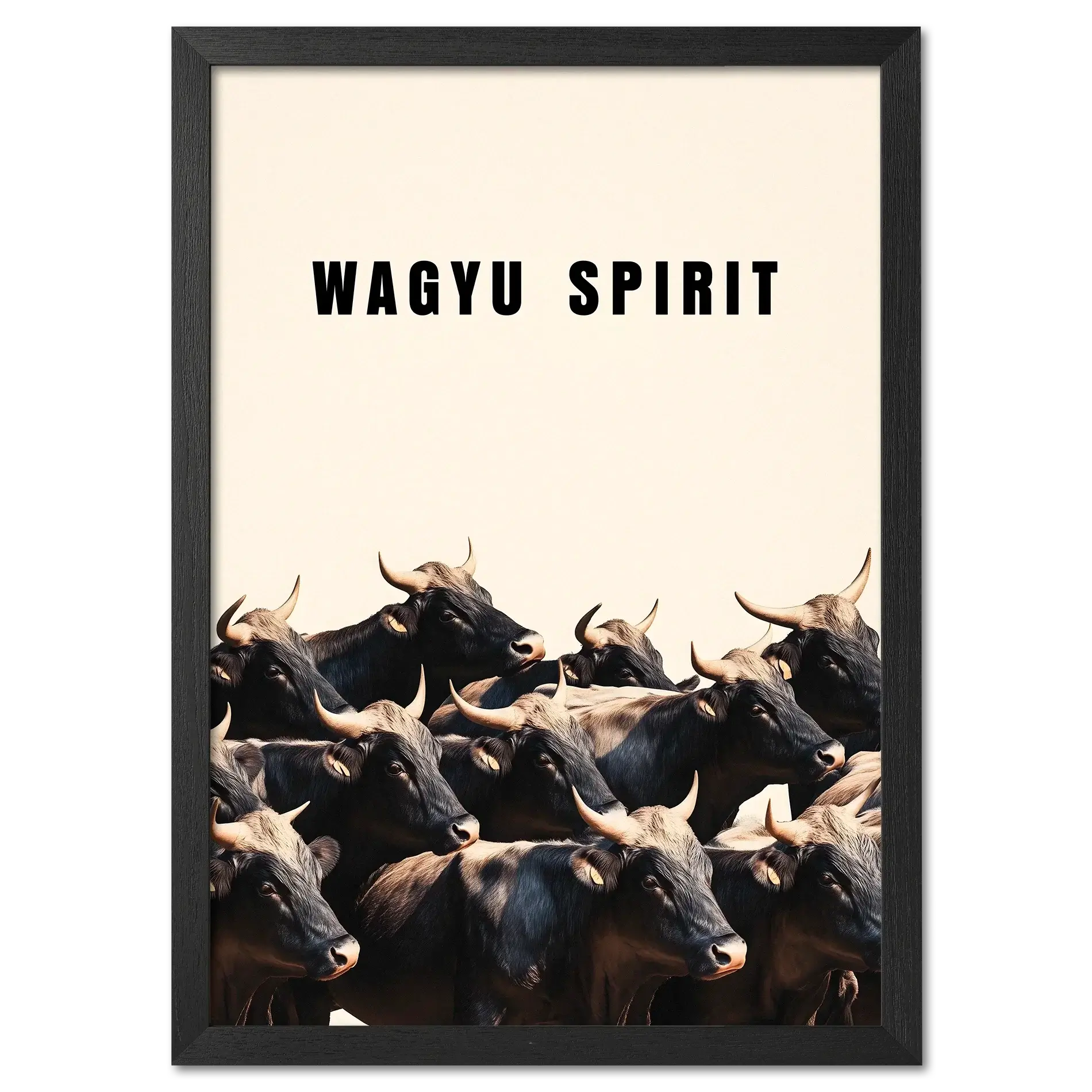 Wagyu Spirit - Poster featuring a group of black Wagyu cattle under a minimal beige background.