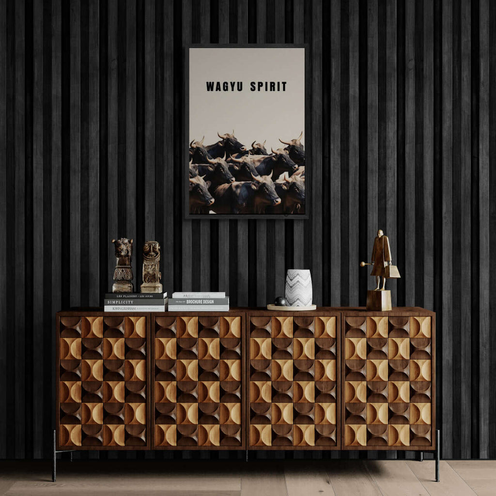 Wagyu Spirit - Poster displayed above a modern wooden cabinet in a stylish interior.
