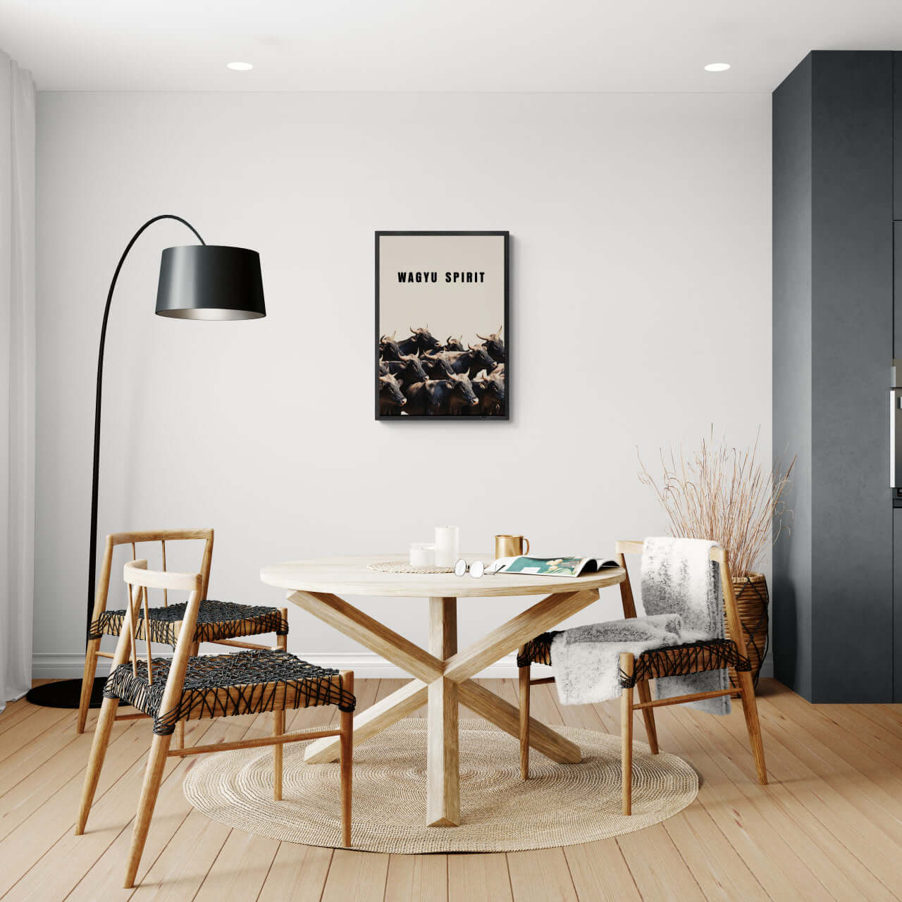 Wagyu Spirit - Poster showcased in a modern dining area with natural decor, promoting Wall Art and large format design.