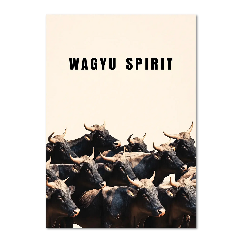 Wagyu Spirit - Poster featuring a group of Wagyu cattle against a soft beige background.