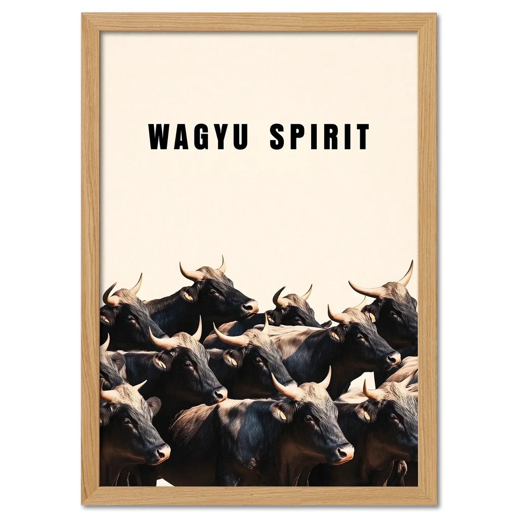Wagyu Spirit - Poster showcasing a group of Wagyu cattle with bold text and minimalist design, evoking strength and unity.