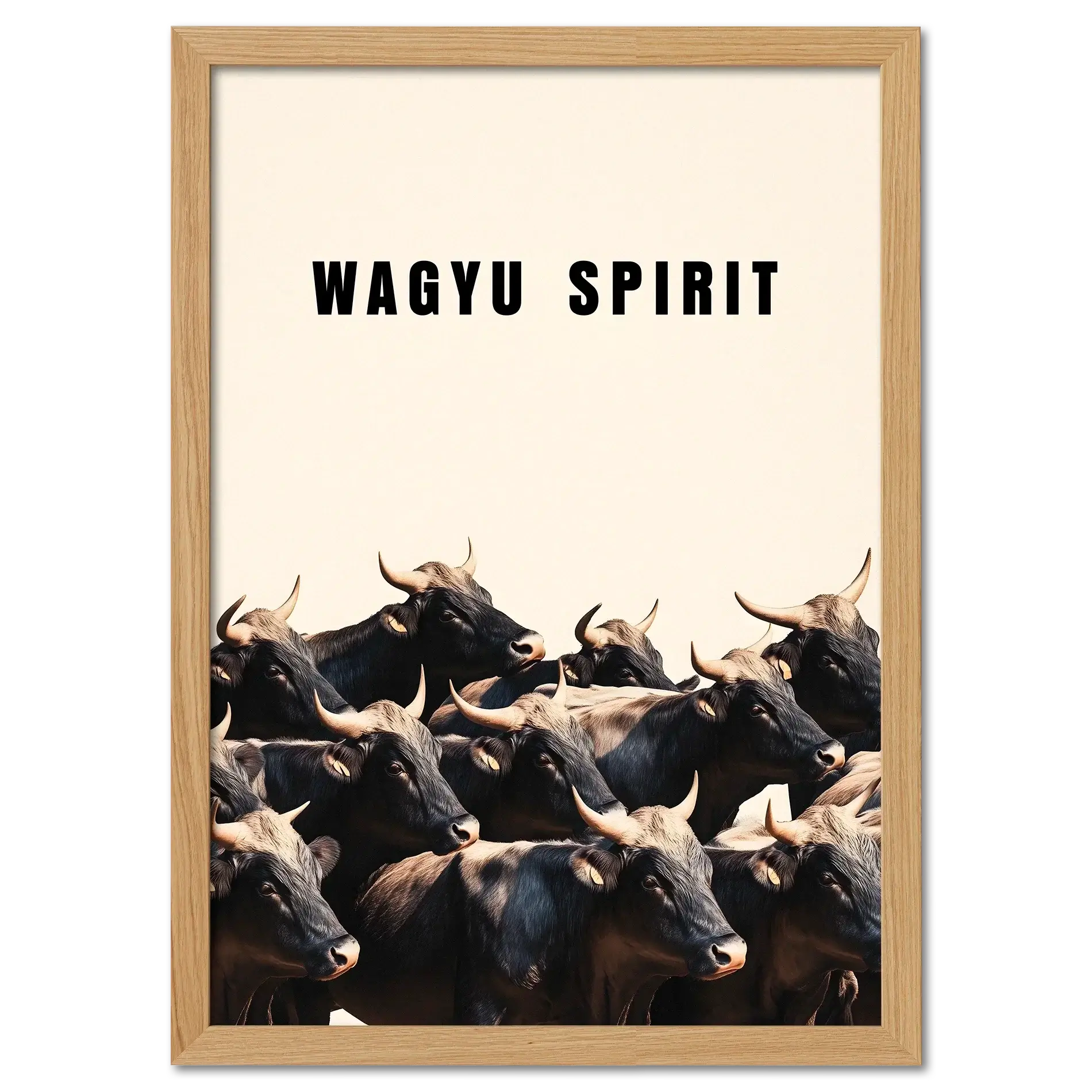 Wagyu Spirit - Poster showcasing a group of Wagyu cattle with bold text and minimalist design, evoking strength and unity.