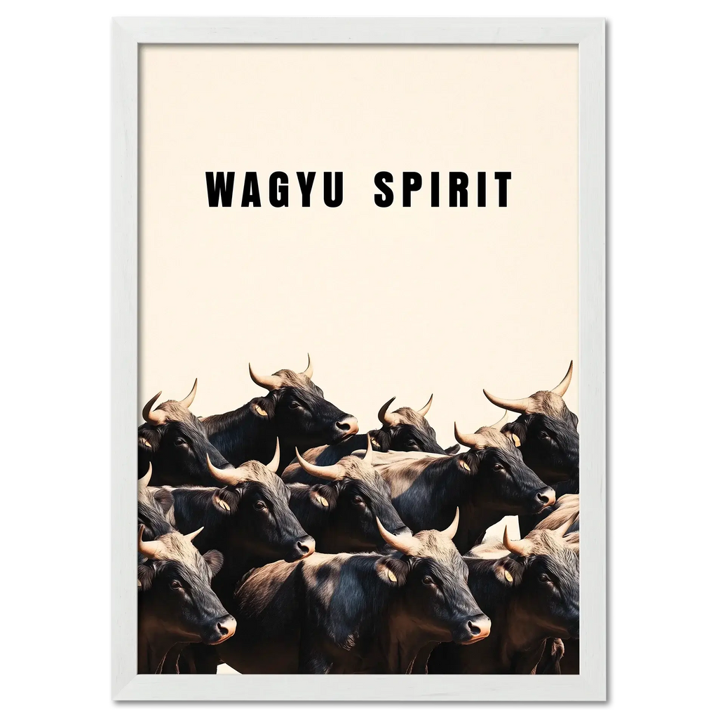 Wagyu Spirit - Poster featuring a herd of Wagyu cattle under a soft beige background with bold text.