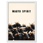 Wagyu Spirit - Poster featuring a herd of Wagyu cattle under a soft beige background with bold text.