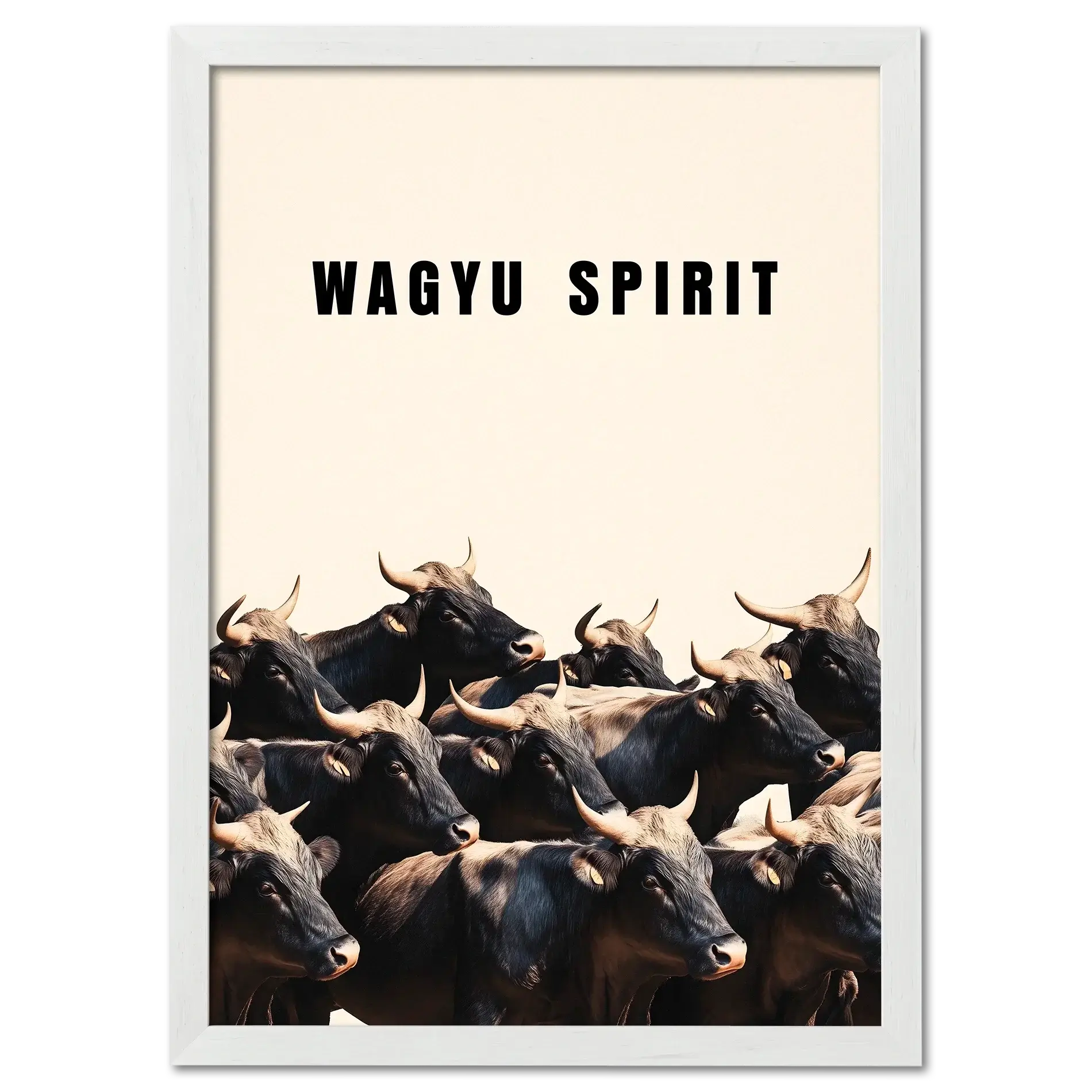 Wagyu Spirit - Poster featuring a herd of Wagyu cattle under a soft beige background with bold text.