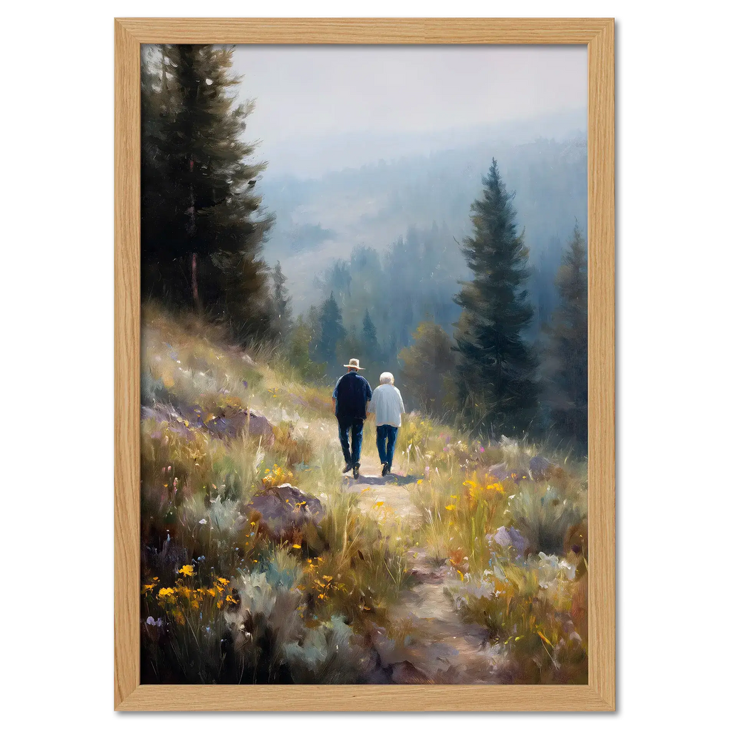 Walkers' Path, Alpine Meadow - Poster features two people walking on a trail surrounded by flowers and trees.