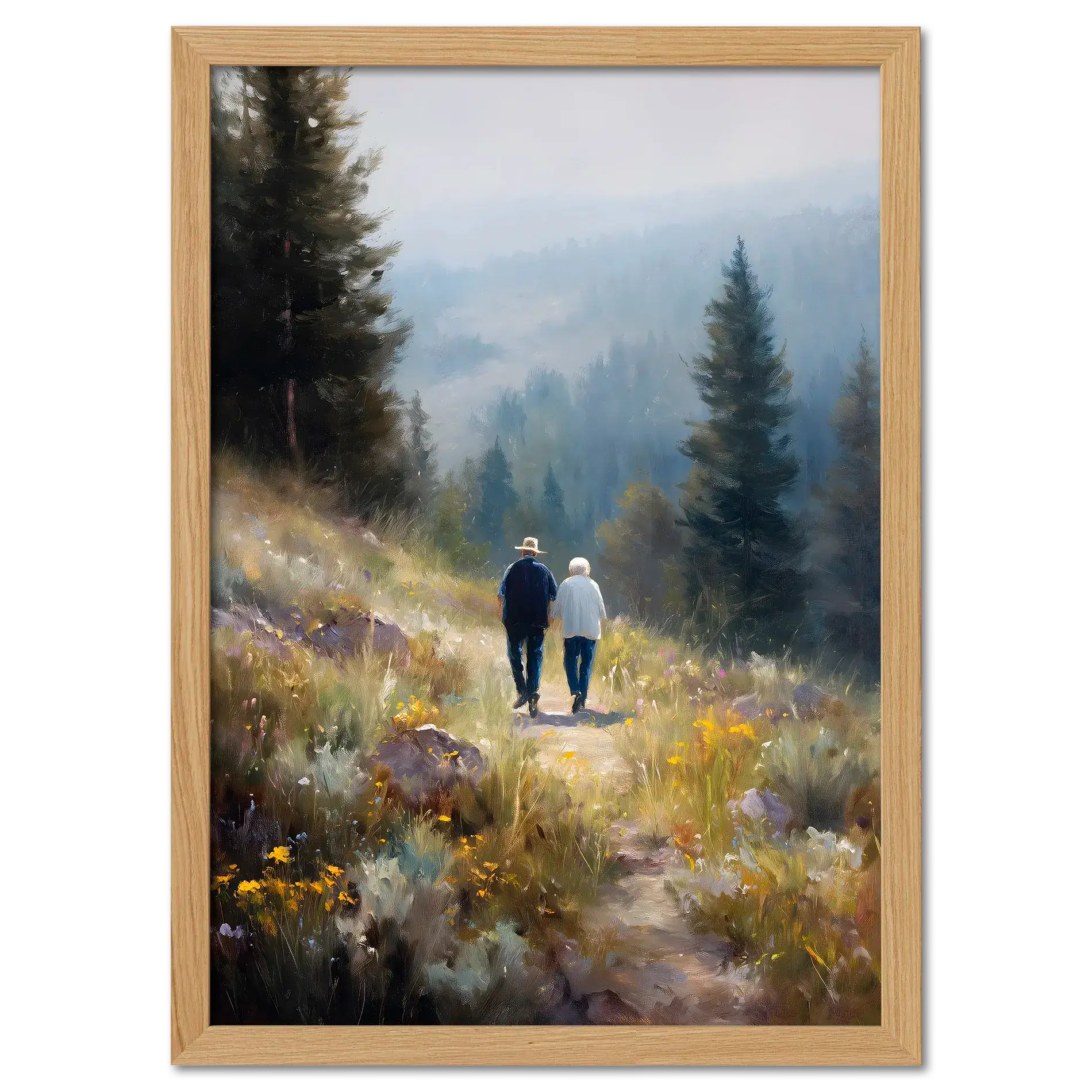 Walkers' Path, Alpine Meadow - Poster features two people walking on a trail surrounded by flowers and trees.