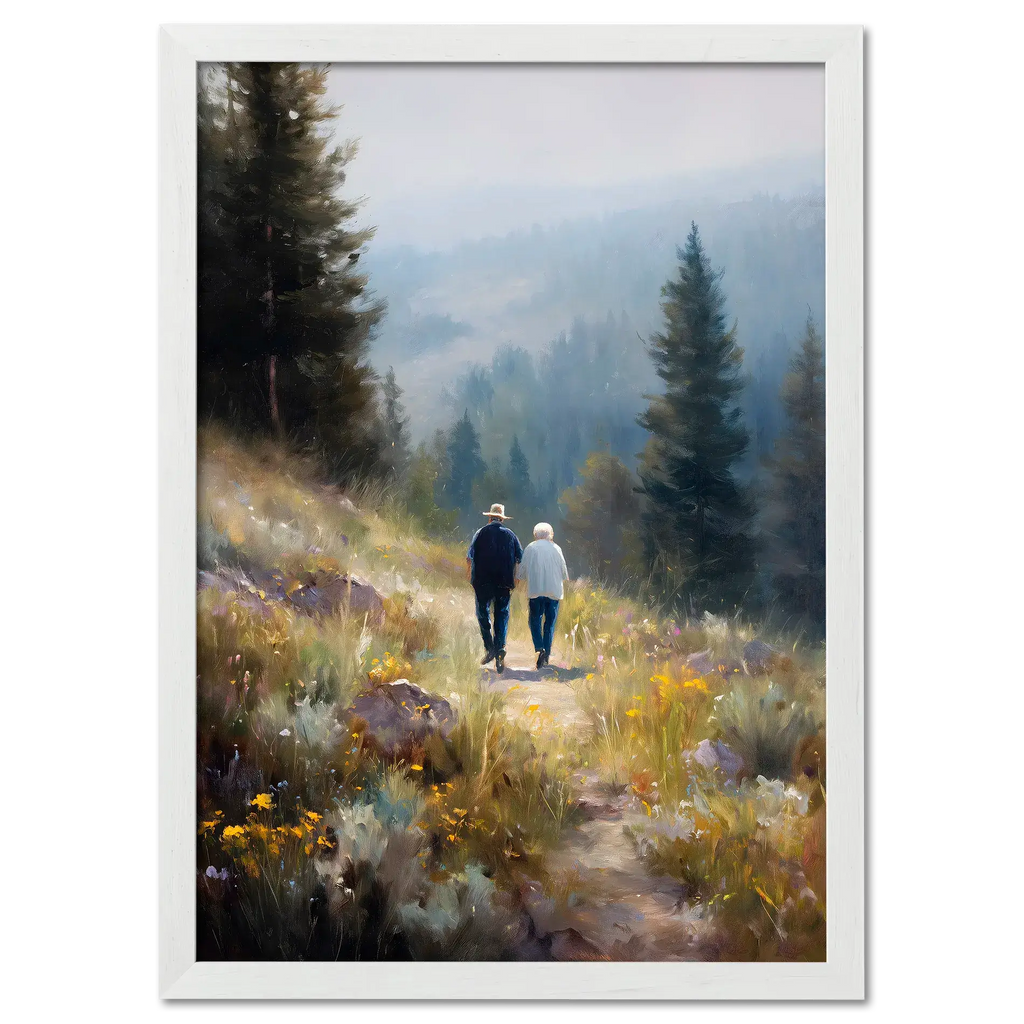Walkers' Path, Alpine Meadow - Poster featuring two people walking through an alpine meadow with wildflowers and pine trees.