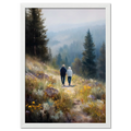 Walkers' Path, Alpine Meadow - Poster featuring two people walking through an alpine meadow with wildflowers and pine trees.