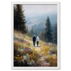 Walkers' Path, Alpine Meadow - Poster featuring two people walking through an alpine meadow with wildflowers and pine trees.