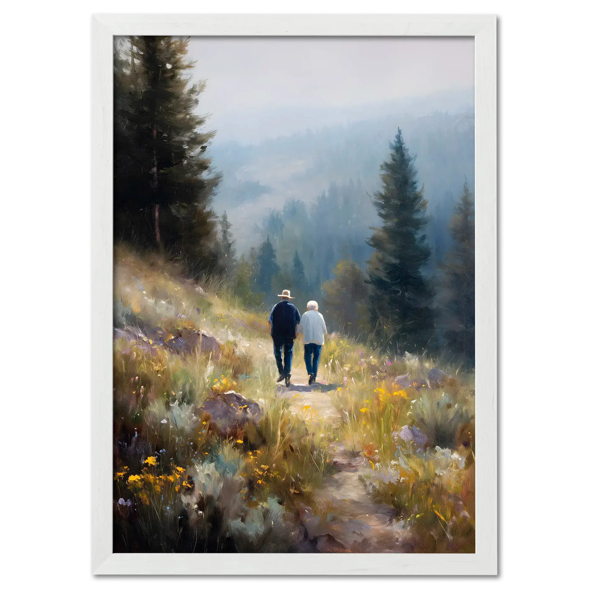 Walkers' Path, Alpine Meadow - Poster featuring two people walking through an alpine meadow with wildflowers and pine trees.