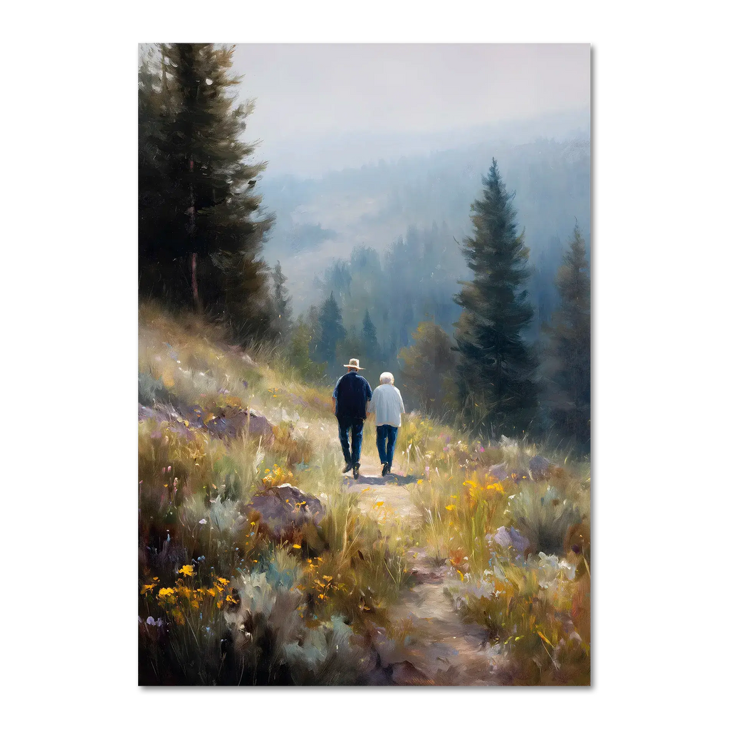 Walkers' Path, Alpine Meadow - Poster featuring two people walking in an alpine meadow surrounded by wildflowers and tall pines.