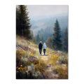 Walkers' Path, Alpine Meadow - Poster featuring two people walking in an alpine meadow surrounded by wildflowers and tall pines.