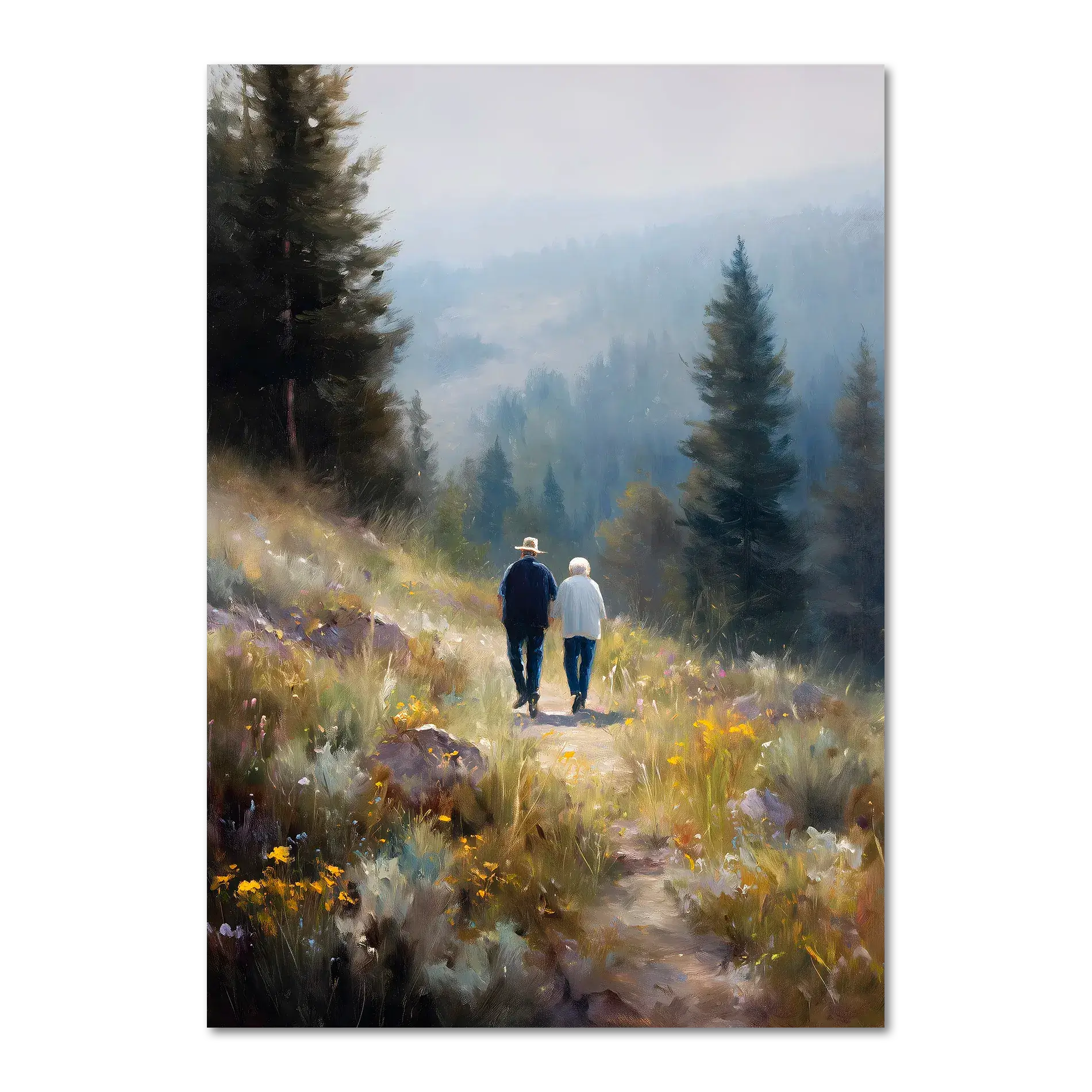 Walkers' Path, Alpine Meadow - Poster featuring two people walking in an alpine meadow surrounded by wildflowers and tall pines.
