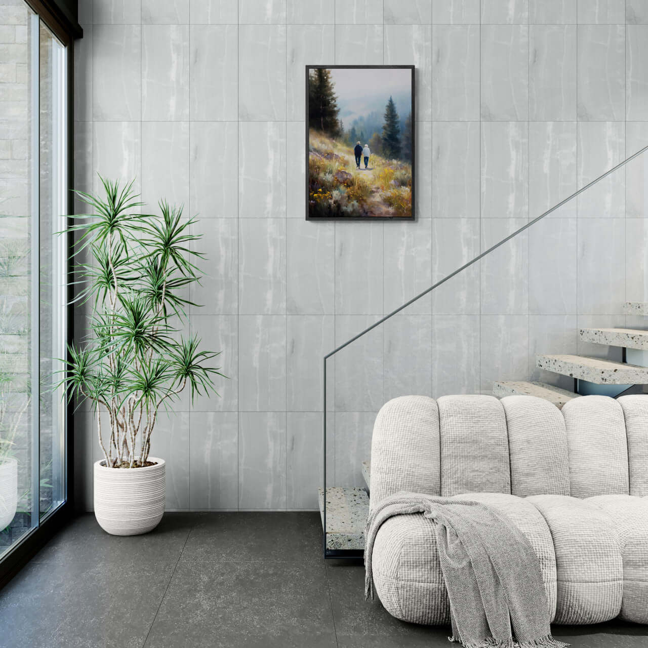 Walkers' Path, Alpine Meadow - Poster displayed in a modern interior with a staircase and indoor plant.
