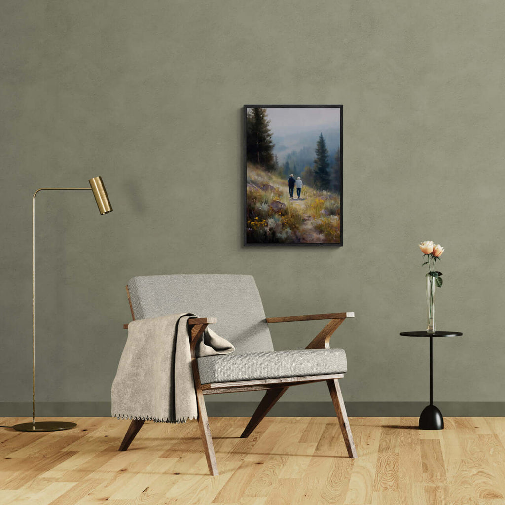 Walkers' Path, Alpine Meadow - Poster displayed in a cozy living room with wall art and modern furniture.