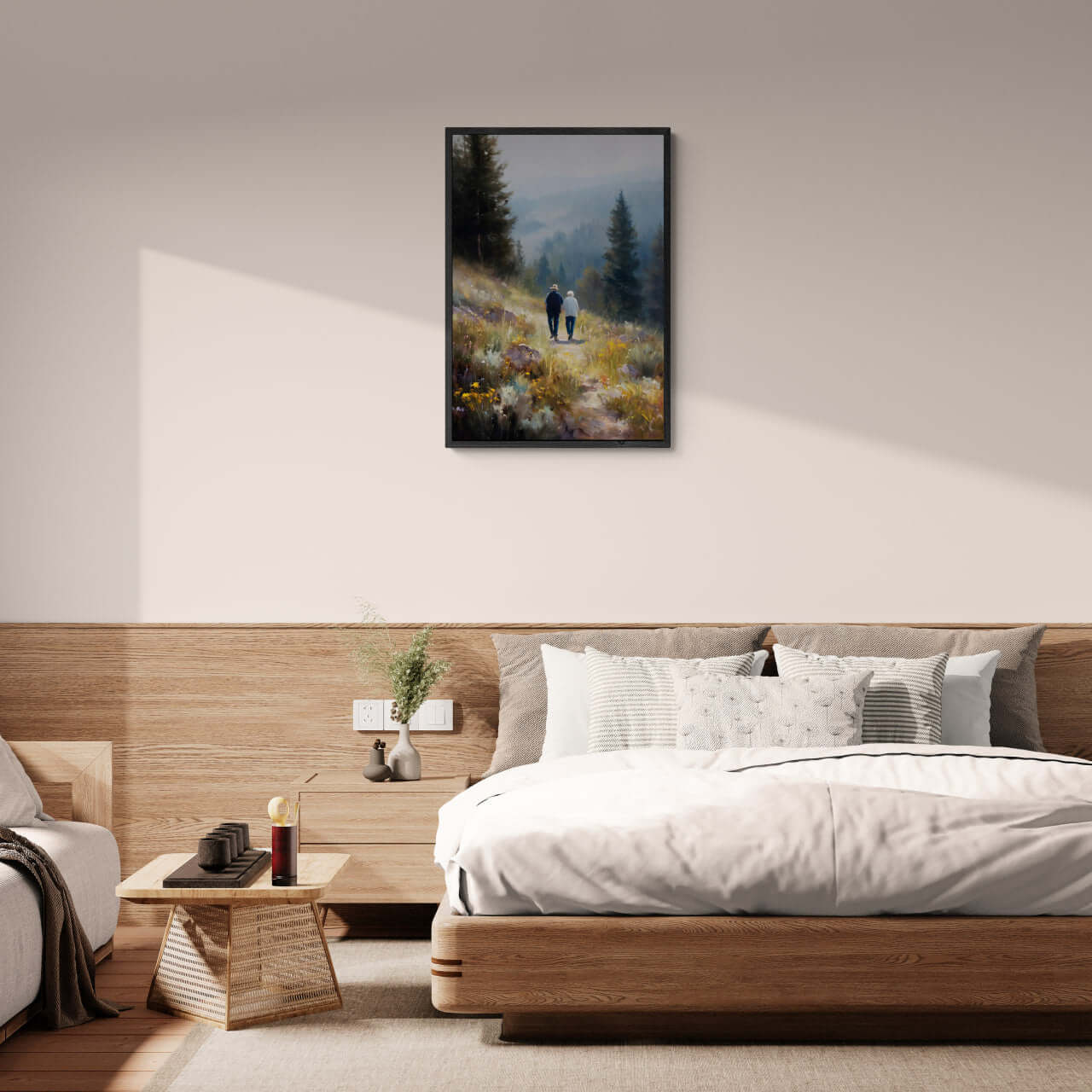Walkers' Path, Alpine Meadow - Poster displayed in a cozy bedroom with wooden decor and soft bedding.