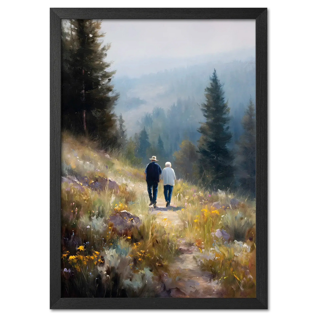 Walkers' Path, Alpine Meadow - Poster features two people walking through a misty alpine meadow filled with wildflowers.
