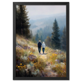 Walkers' Path, Alpine Meadow - Poster features two people walking through a misty alpine meadow filled with wildflowers.