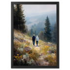 Walkers' Path, Alpine Meadow - Poster features two people walking through a misty alpine meadow filled with wildflowers.