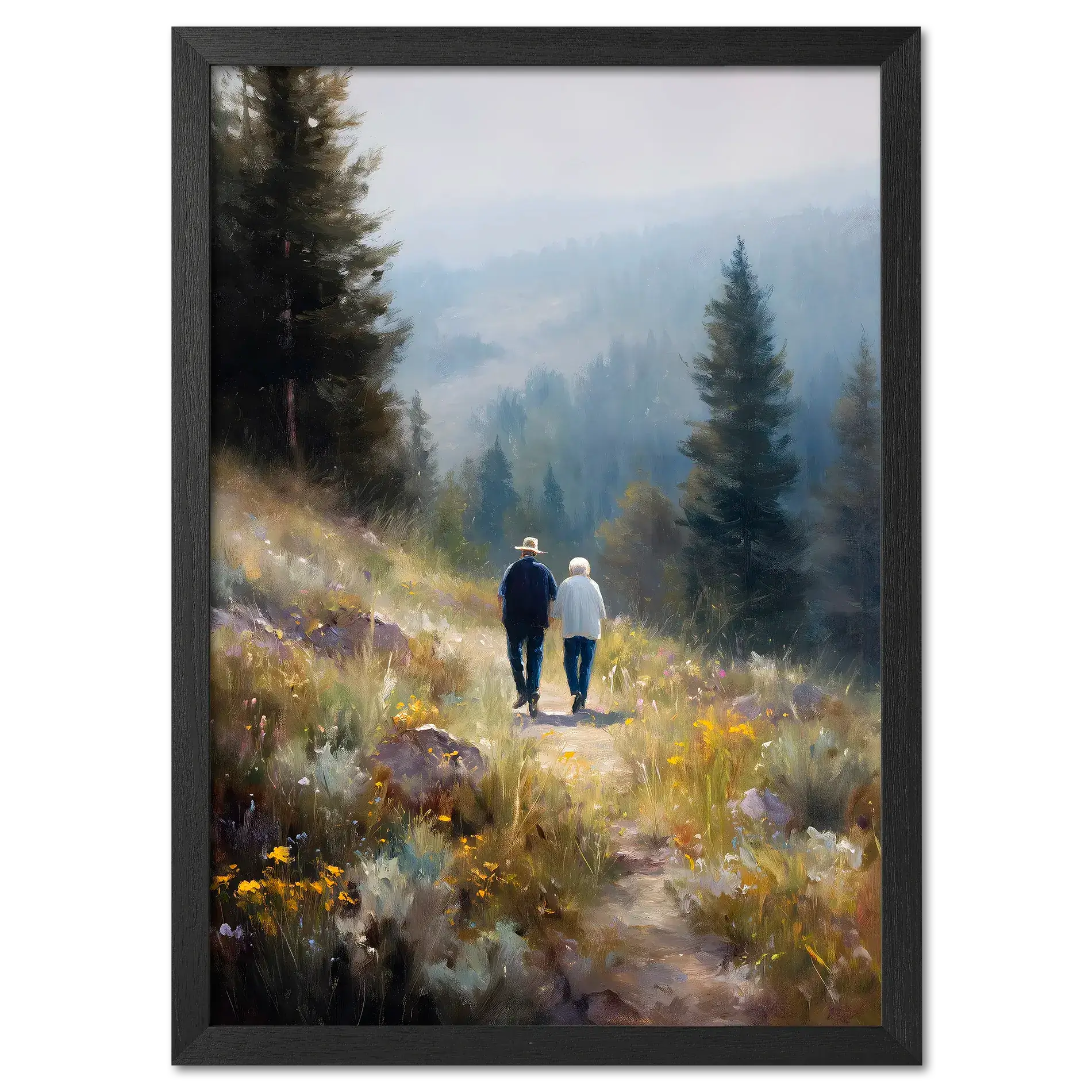 Walkers' Path, Alpine Meadow - Poster features two people walking through a misty alpine meadow filled with wildflowers.