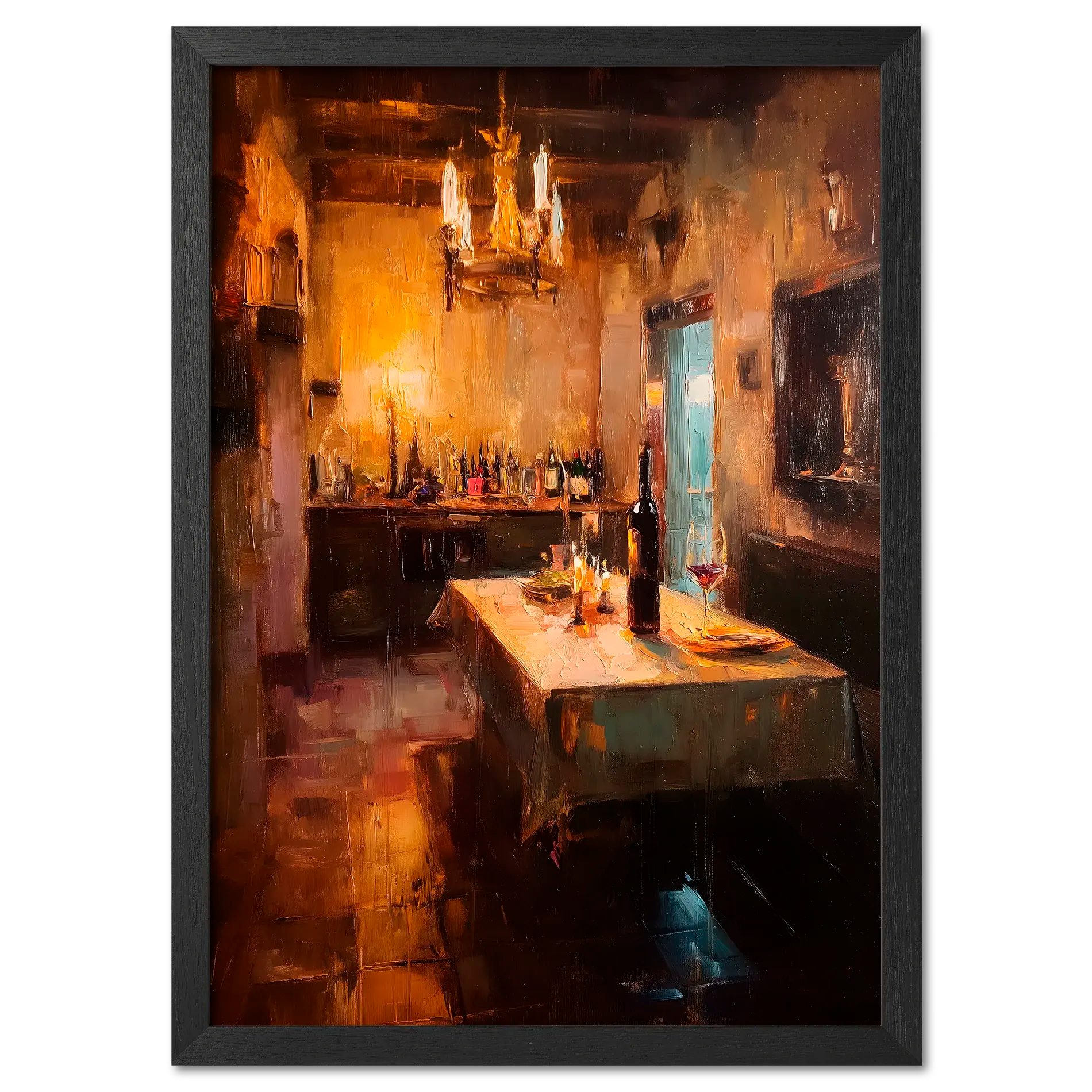 Alps Cellar - Poster featuring a warm dining setting with a glowing chandelier and wine bottles.