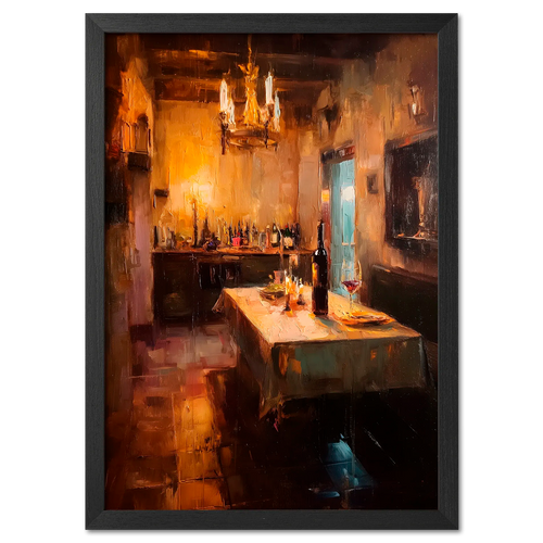 Alps Cellar - Poster featuring a warm dining setting with a glowing chandelier and wine bottles.