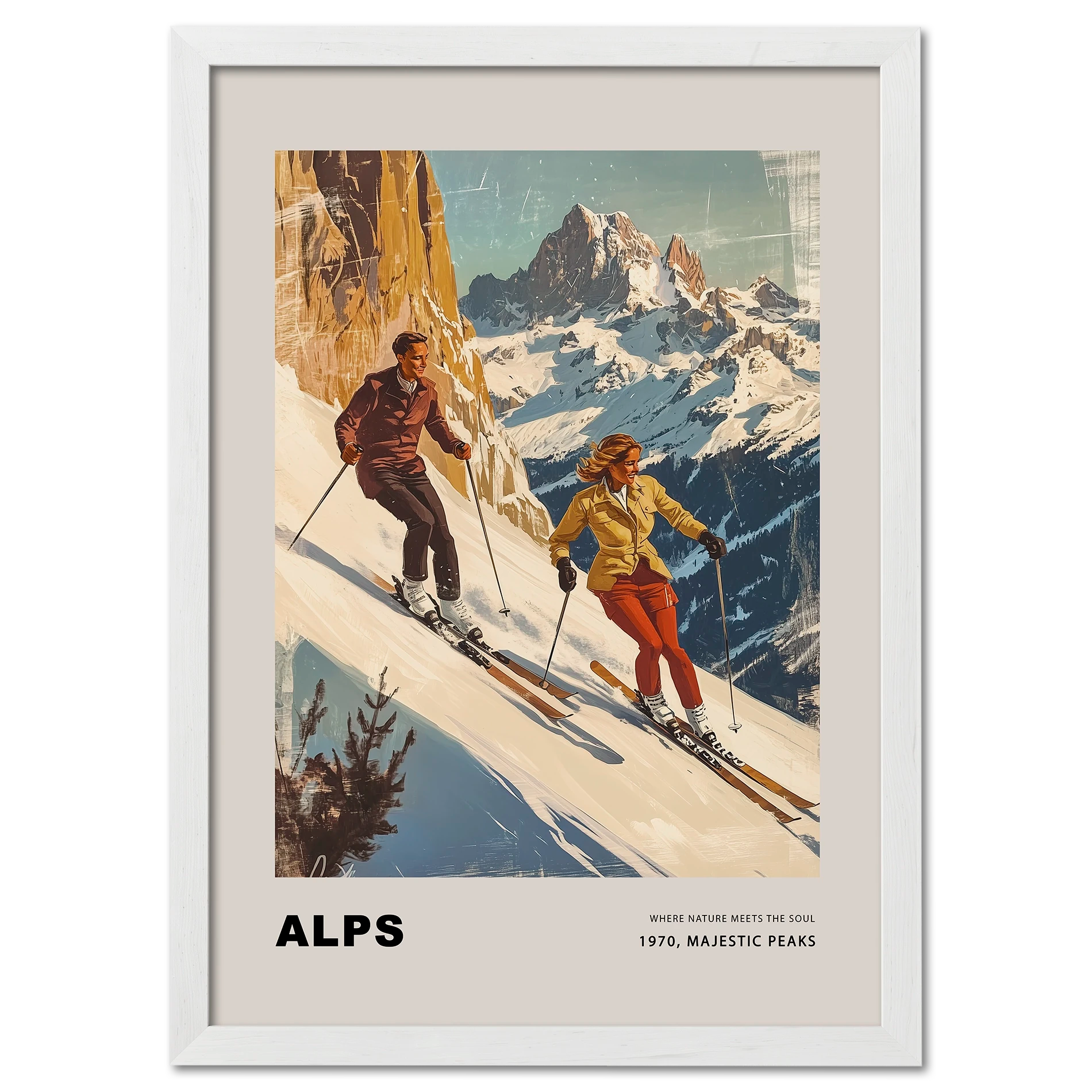 Where nature meets the soul - Poster featuring skiers in the Alps, vibrant scenery and vintage colors.