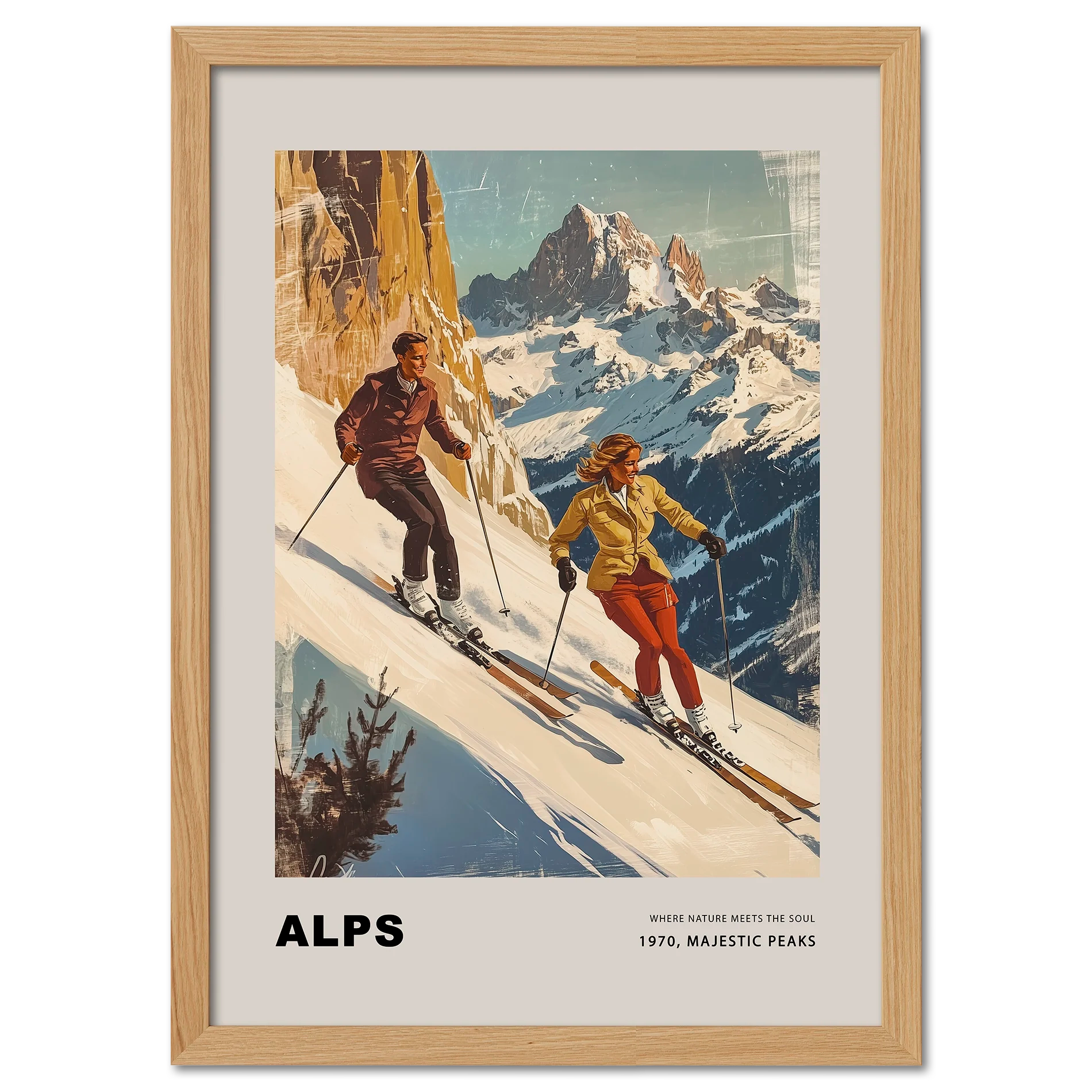 Where nature meets the soul - Poster featuring a vibrant ski scene in the Alps with a couple skiing.
