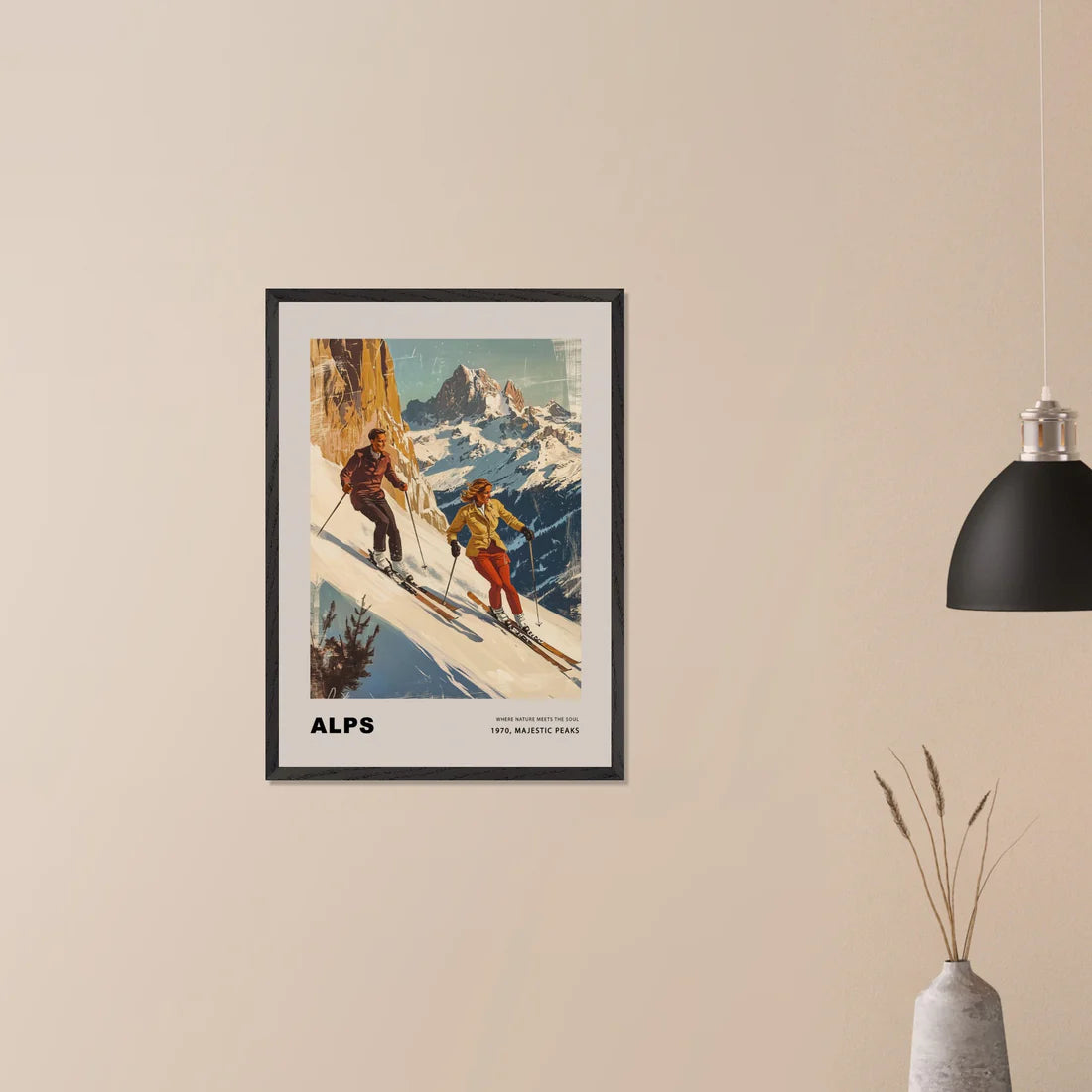 Where nature meets the soul - Poster featuring vintage ski scene in the Alps, perfect wall art for modern interiors.