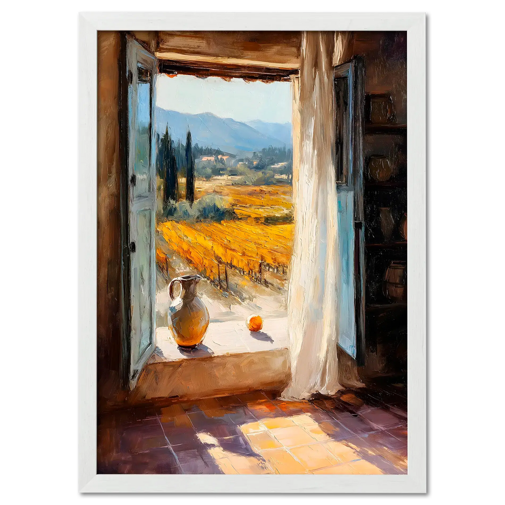Window to the Vines - Poster featuring a sunlit view of vineyards through an open window with a ceramic jug and orange.