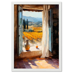 Window to the Vines - Poster featuring a sunlit view of vineyards through an open window with a ceramic jug and orange.