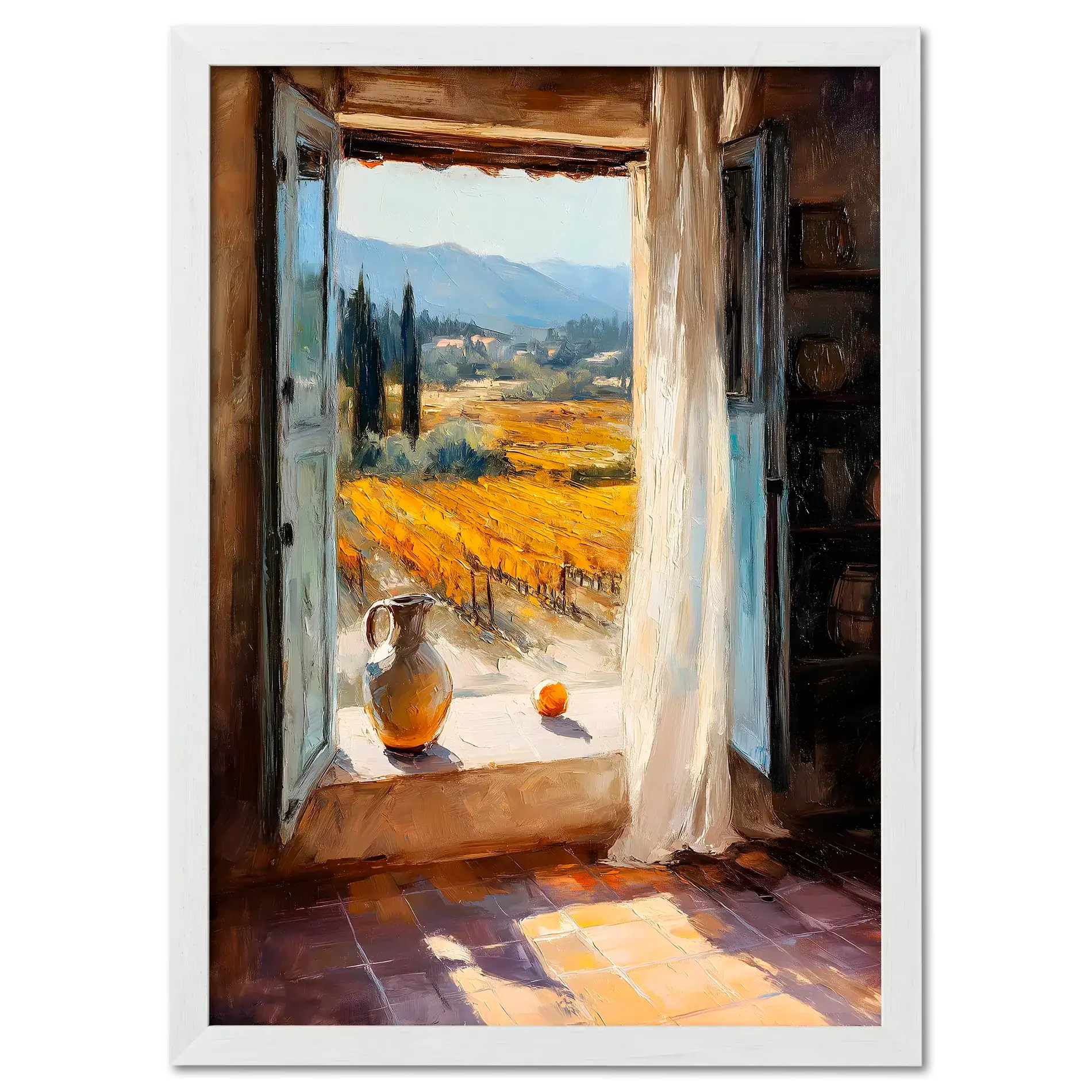 Window to the Vines - Poster featuring a sunlit view of vineyards through an open window with a ceramic jug and orange.