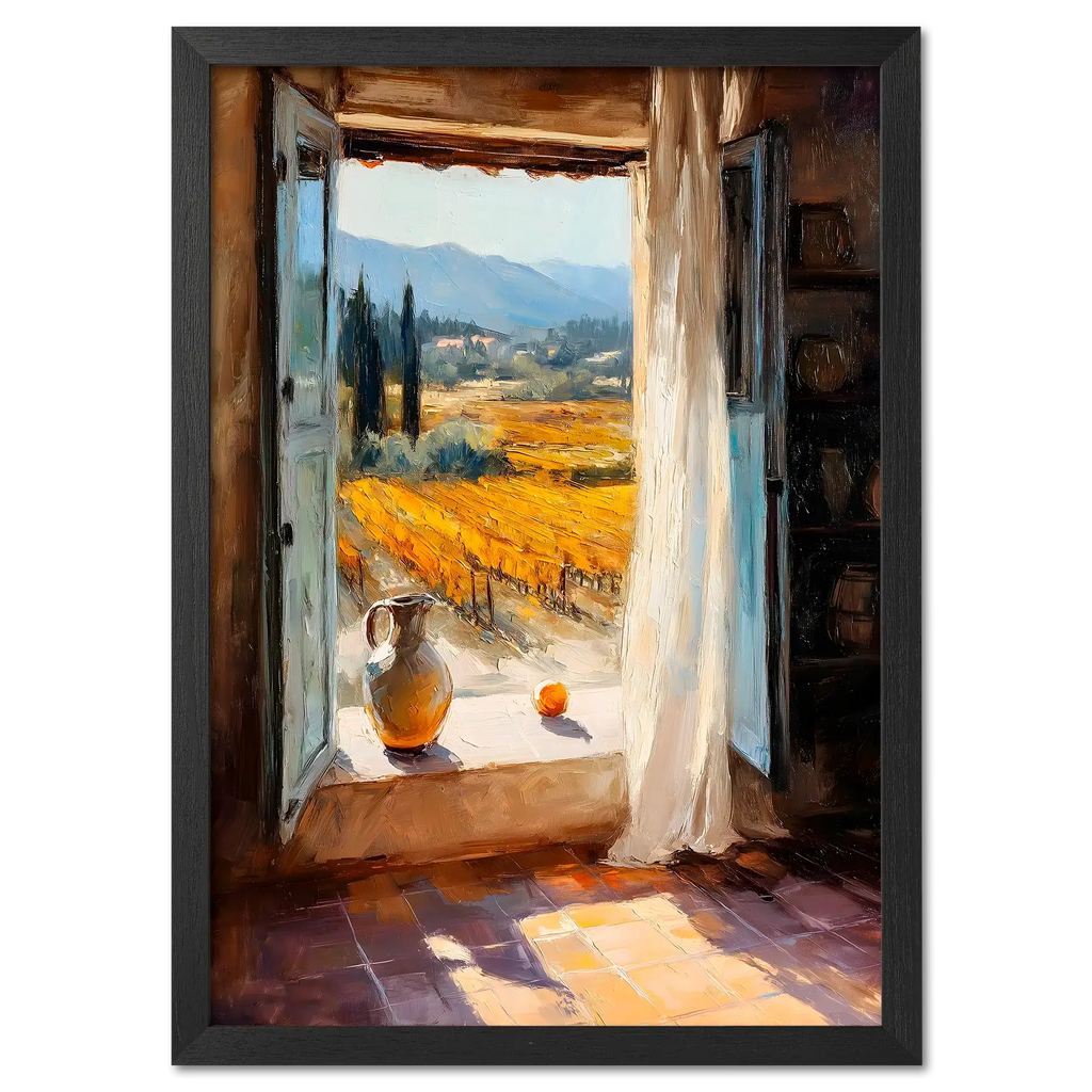 Window to the Vines - Poster featuring a sunlit view of Tuscan vineyards through an open window.