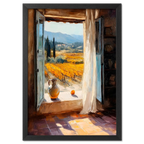 Window to the Vines - Poster featuring a sunlit view of Tuscan vineyards through an open window.