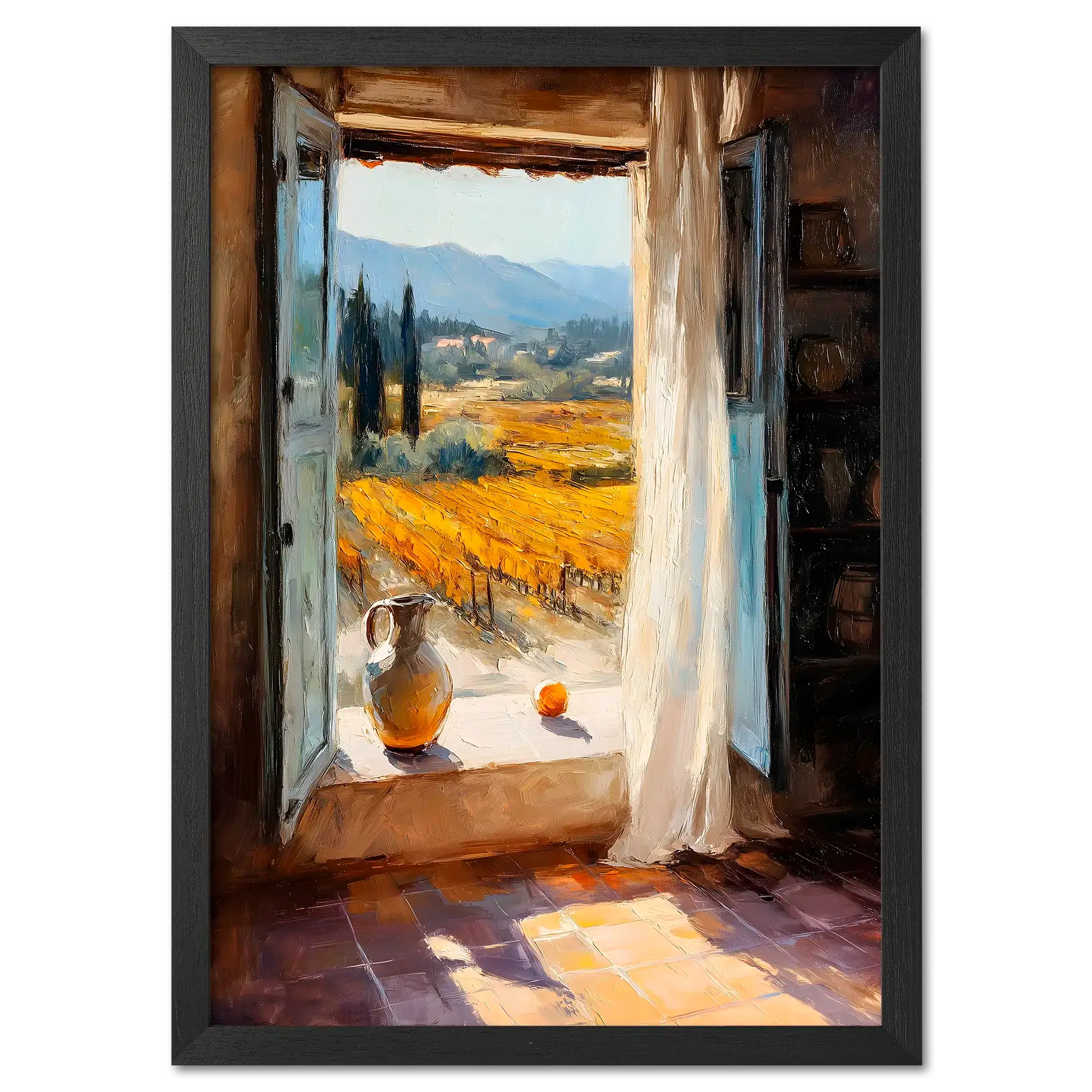 Window to the Vines - Poster featuring a sunlit view of Tuscan vineyards through an open window.
