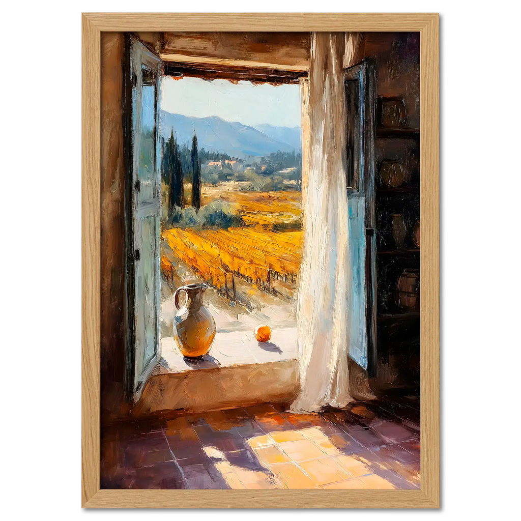 Window to the Vines - Poster featuring an open window with a view of golden vineyards and hills.