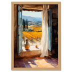 Window to the Vines - Poster featuring an open window with a view of golden vineyards and hills.