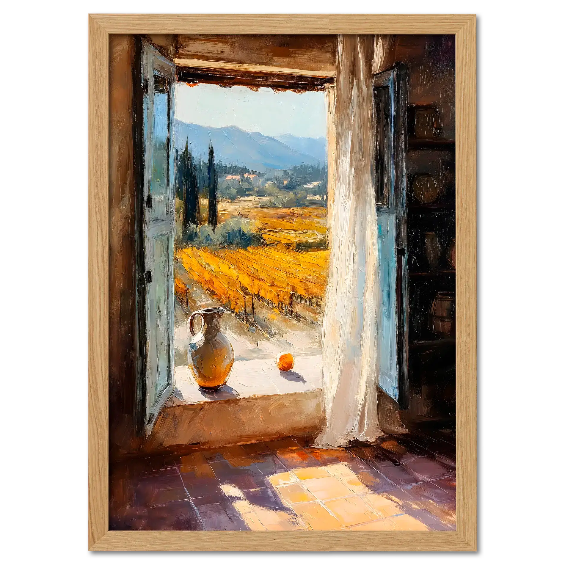 Window to the Vines - Poster featuring an open window with a view of golden vineyards and hills.